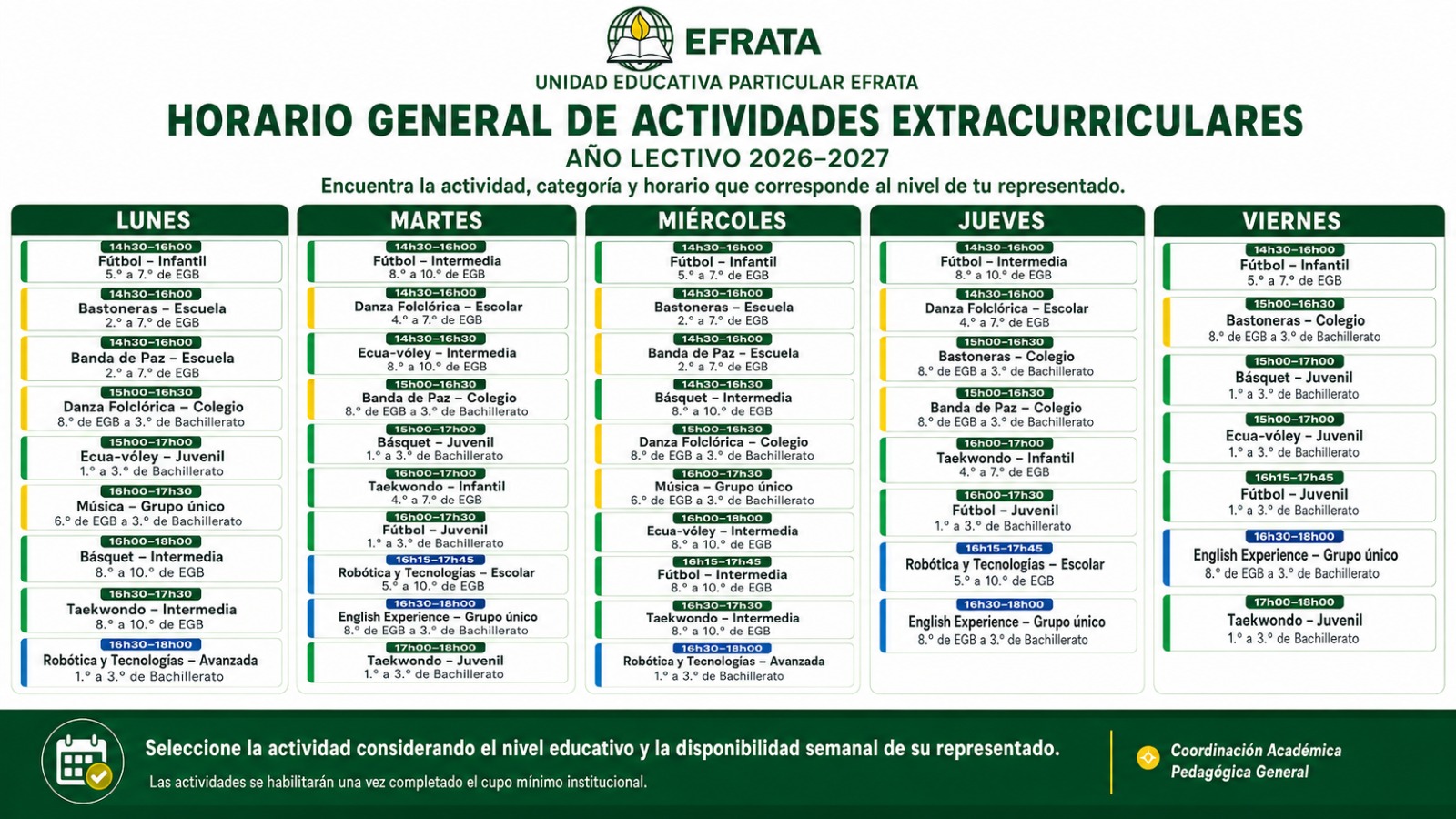 Horario general de actividades extracurriculares 2026-2027